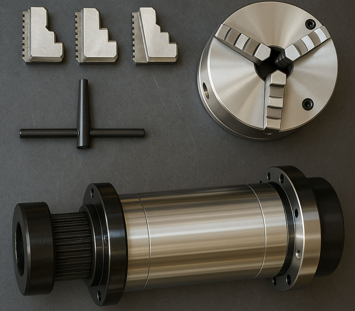 Шпиндель токарного станка с установленным патроном и заготовкой