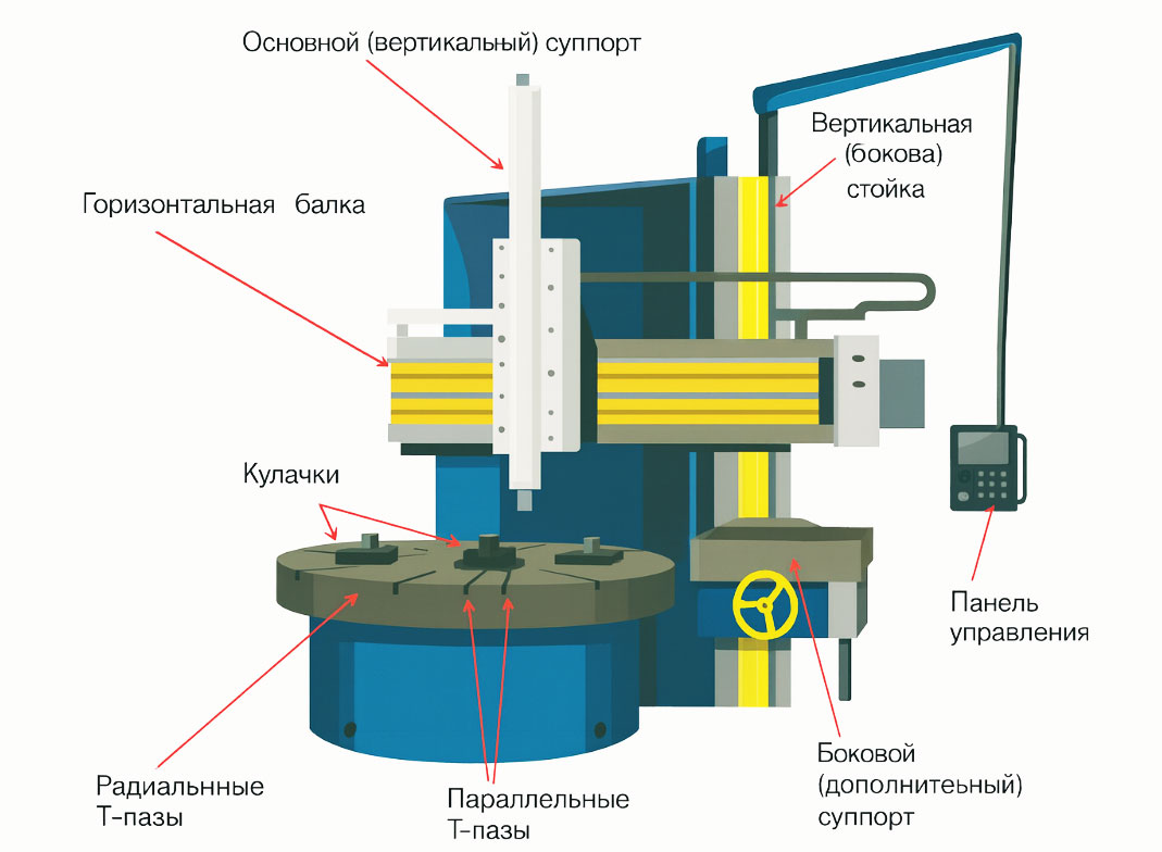 Схема карусельного токарного станка с вертикальным шпинделем